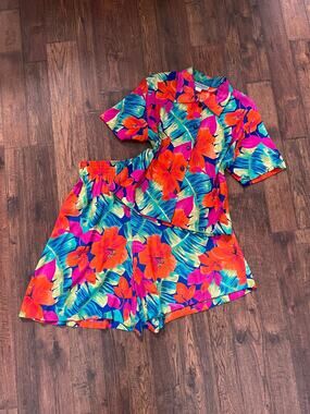 Vintage Norton McNaughton Tropical Two Piece Set Bright Hawaiian Florals Medium